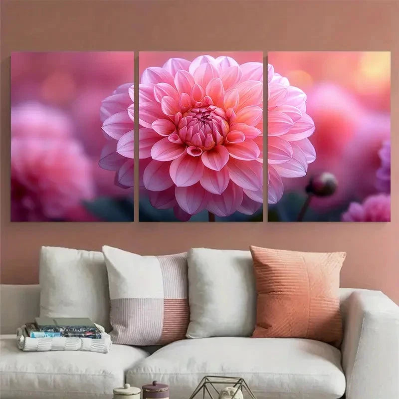 3pcs Paper Pink Dahlia Flower Floral Perfect Wall Art Set Canvas Framed 60x90cm - High Quality Print 100% Australian Made Wall Canvas Ready to Hang