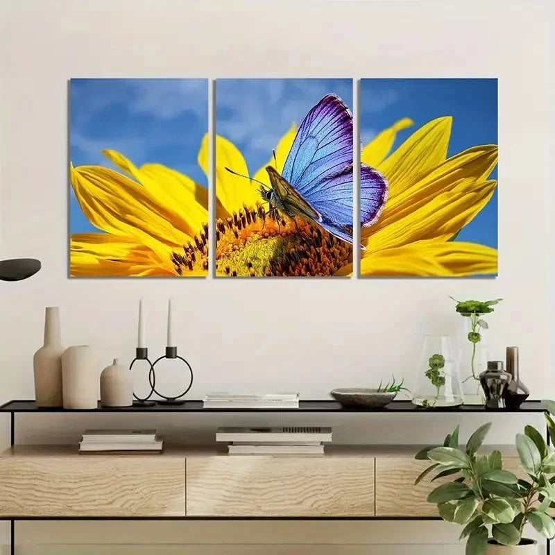 3pcs Butterfly On a Sunflower Nature Scene Metal Print Ready to Hang Art