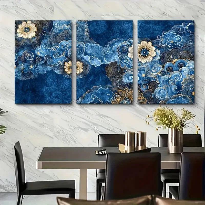 3pcs Chinese Batik Fabric Indigo Cloud Art Print Metal Print Ready to Hang Art