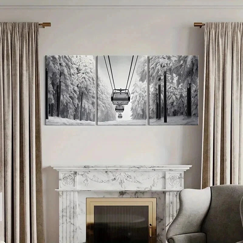 3pcs Ski Lift Black And White Winter Snow Forest Wall Art Set Canvas Framed 40x60cm - High Quality Print 100% Australian Made Wall Canvas Ready to Hang
