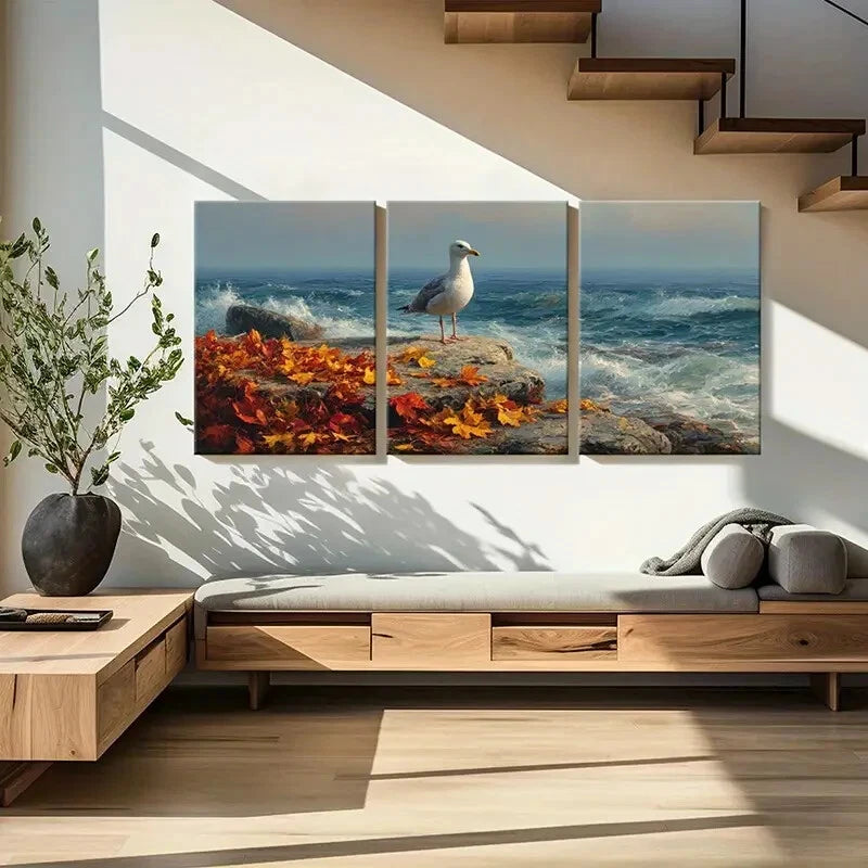 3pcs Autumn Seagull Coastal Landscape Ocean Waves Metal Print Ready to Hang Art