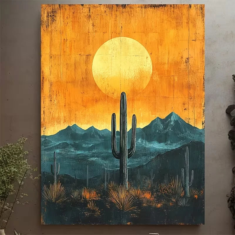 Retro Southwest Cactus Sun 60x90cm Metal Print Ready to Hang