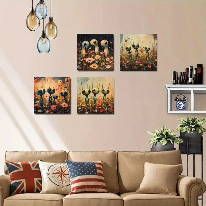 4pcs Alien & Floral Canvas Art Prints Theme Wall Art Canvas Framed