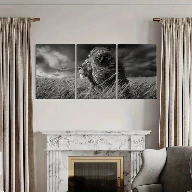 3pcs Lion in Grassland Stormy Sky Modern Wall Art Set Canvas Framed 40x60cm - High Quality Print 100% Australian Made Wall Canvas Ready to Hang