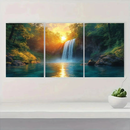 3pcs Tropical Waterfall Surrounded Lush Greenery Metal Print Ready to Hang Art
