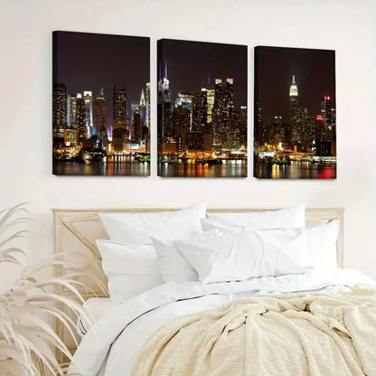 3pcs New York City Night View Skyline Perfect Wall Art Set Canvas Framed 40x60cm - High Quality Print 100% Australian Made Wall Canvas Ready to Hang