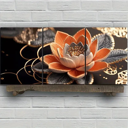 3pcs Water Lily Trio Golden Silver Modern Metal Print Ready to Hang Art
