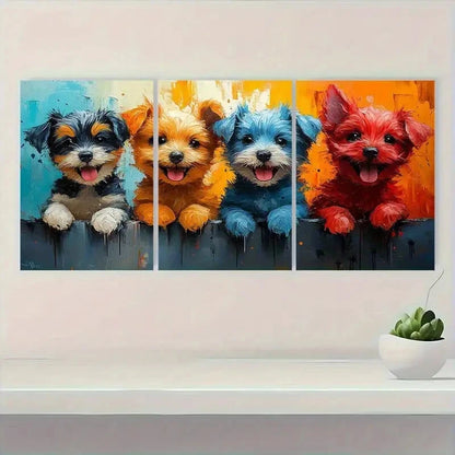 3pcs Colorful Playful Dog Painting Metal Print Ready to Hang Art