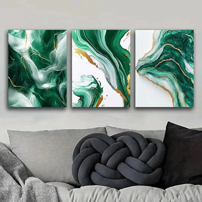 3pcs Featuring Green And White Swirls Metal Print Ready to Hang Art