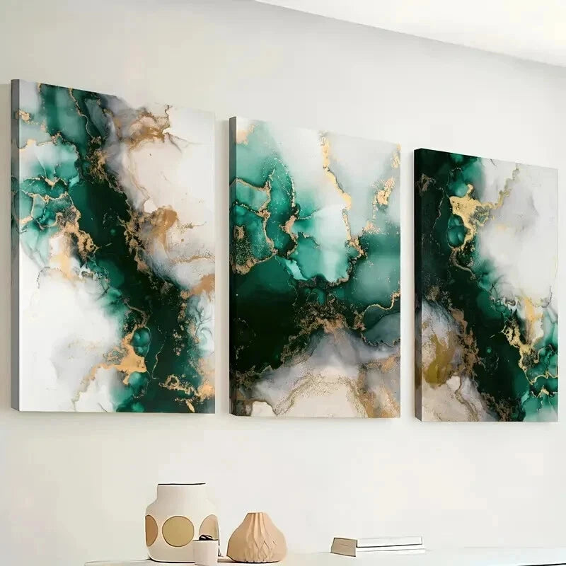 3pcs Modern Emerald Green & Gold Abstract Wall Art Set Canvas Framed 40x60cm - High Quality Print 100% Australian Made Wall Canvas Ready to Hang