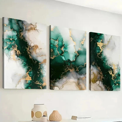3pcs Modern Emerald Green & Gold Abstract Wall Art Set Canvas Framed 40x60cm - High Quality Print 100% Australian Made Wall Canvas Ready to Hang