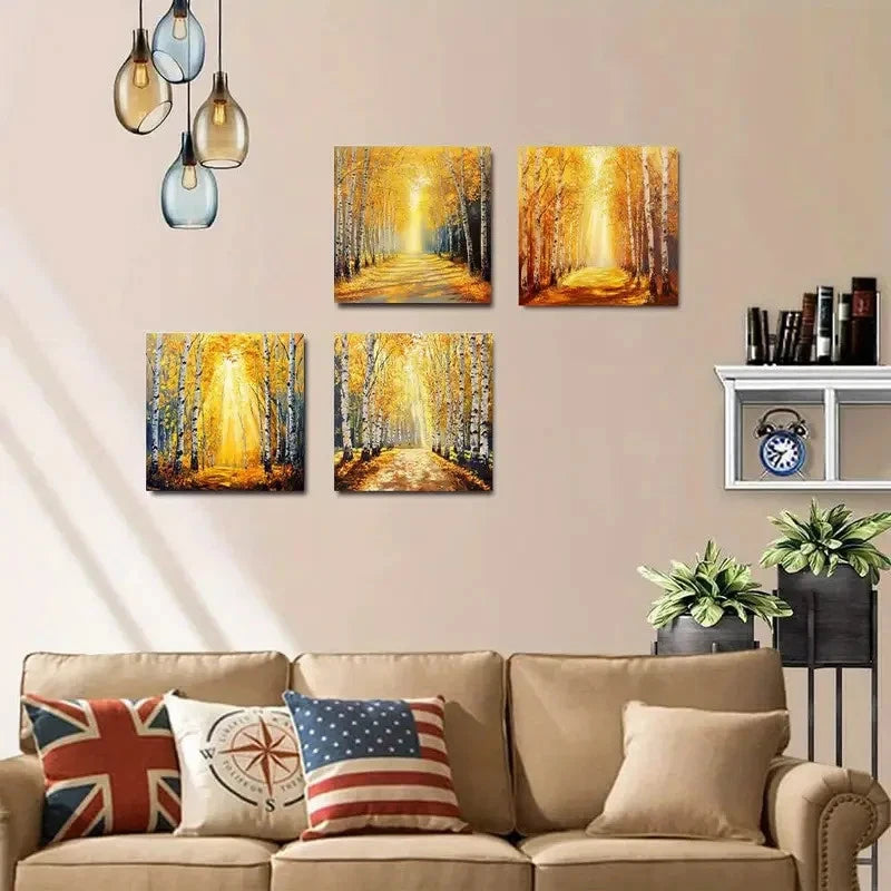4pcs Autumn Forest Sunshine Print Wall Art Canvas Framed