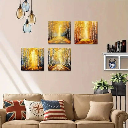 4pcs Autumn Forest Sunshine Print Wall Art Canvas Framed
