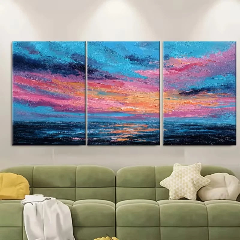 3pcs Abstract Sunset Ocean Painting Metal Print Ready to Hang Art