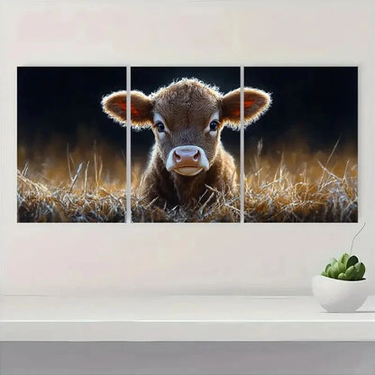 3pcs Serene Brown Calf in Golden Grass Metal Print Ready to Hang Art
