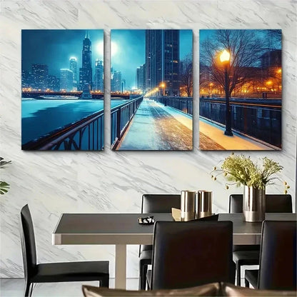 3pcs Chicago Skyline Vibrant Cityscape Perfect Wall Art Set Canvas Framed 50x70cm - High Quality Print 100% Australian Made Wall Canvas Ready to Hang