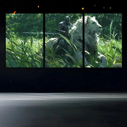 3pcs Lion Knight Fantasy Warrior and White Lion Metal Print Ready to Hang Art