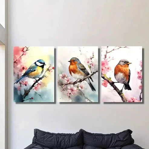 3pcs Titmouse on a Flowering Branch Wall Art Set Canvas Unframed - High Quality Print 100% Australian Made Wall Canvas