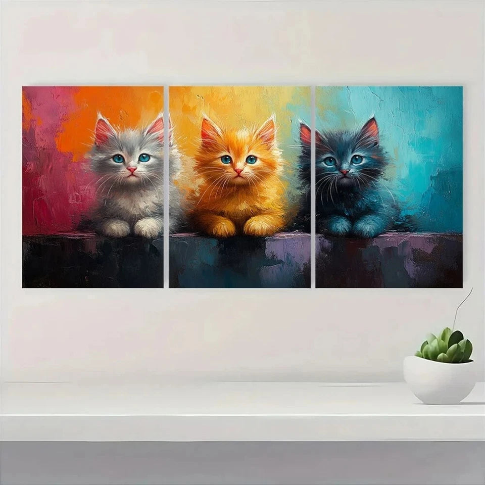 3pcs Vibrant Cat Kitten Blue and Pink Metal Print Ready to Hang Art