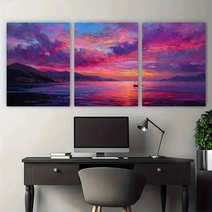 3pcs Boat Sunset Scenic Seamless Perfect Wall Art Canvas Framed 60x90cm