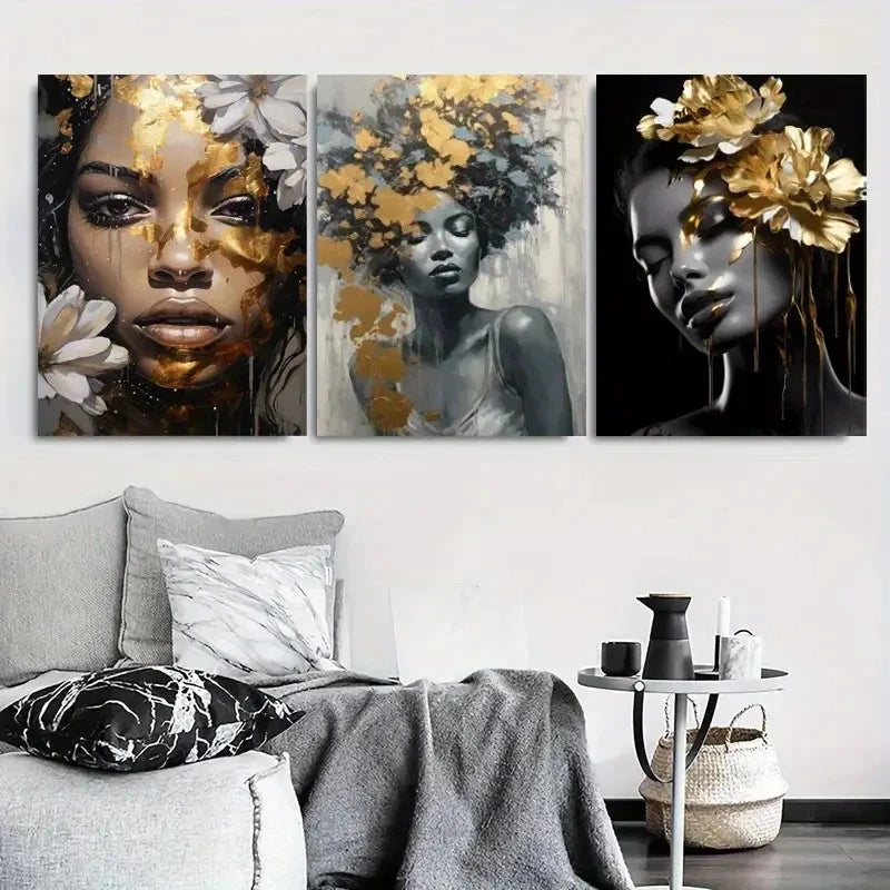 3pcs Black and Golden Abstract Female Metal Print Ready to Hang Art