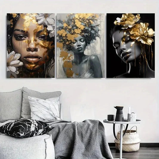 3pcs Black and Golden Abstract Female Metal Print Ready to Hang Art