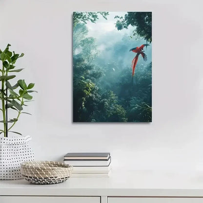 Enchanted Forest Scene with Red Bird Swinging  40x60cm Metal Print Ready to Hang