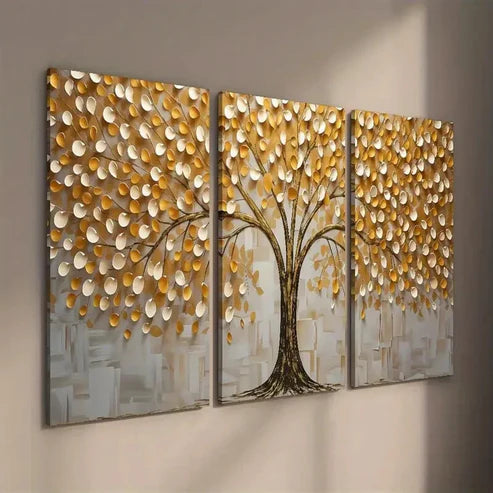 3pcs Golden Black and White Tree Texture Wall Art Set Canvas Unframed - High Quality Print 100% Australian Made Wall Canvas