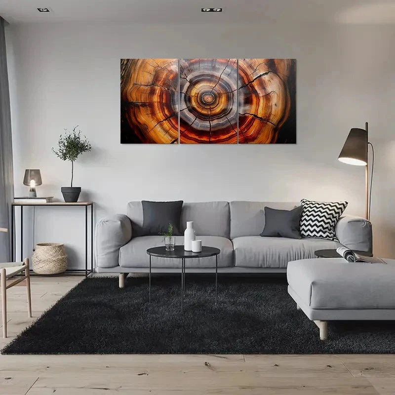 3pcs Nature Tree Ring Wooden Brown Metal Print Ready to Hang Art