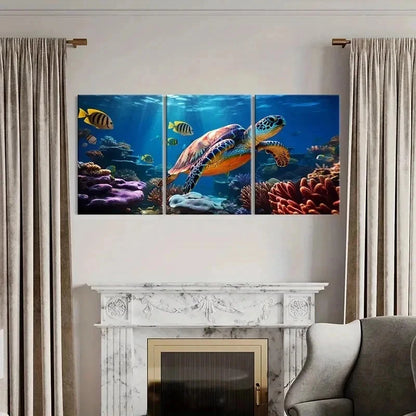 3pcs Marine Life Art Sea Turtle Fish Wall Art Set Canvas Framed 50x70cm - High Quality Print 100% Australian Made Wall Canvas Ready to Hang