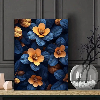 Elegant Blue and Golden Floral Leaves Design 40x60cm Metal Print Ready to Hang