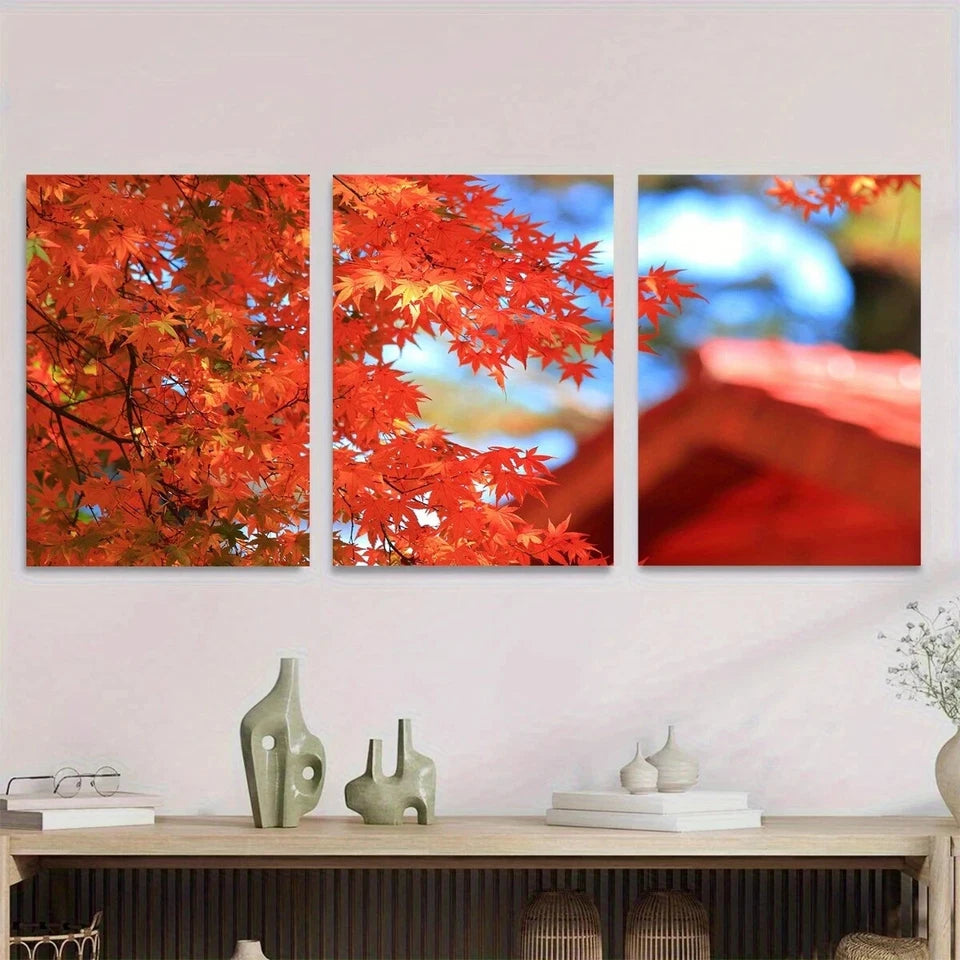 3pcs Autumn Red Maple Leaves Vibrant Metal Print Ready to Hang Art