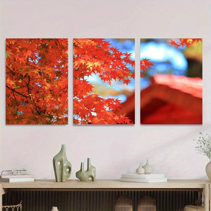3pcs Autumn Red Maple Leaves Vibrant Metal Print Ready to Hang Art