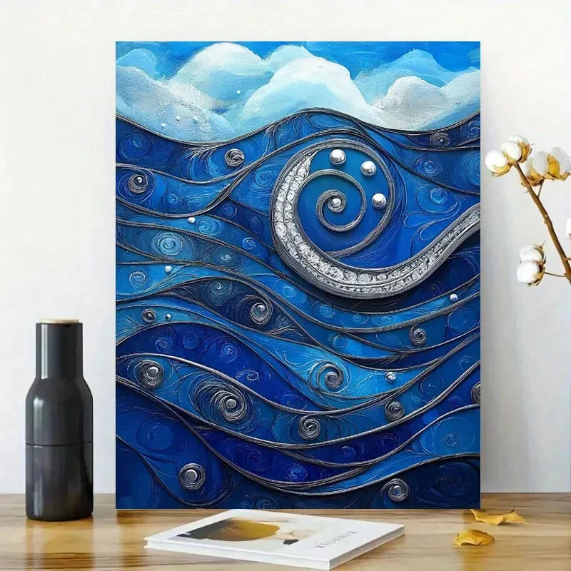 Beautiful Painting of Blue Waves with Swirls Pearls  40x60cm Metal Print Ready to Hang