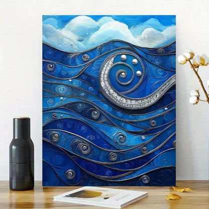 Beautiful Painting of Blue Waves with Swirls Pearls  40x60cm Metal Print Ready to Hang