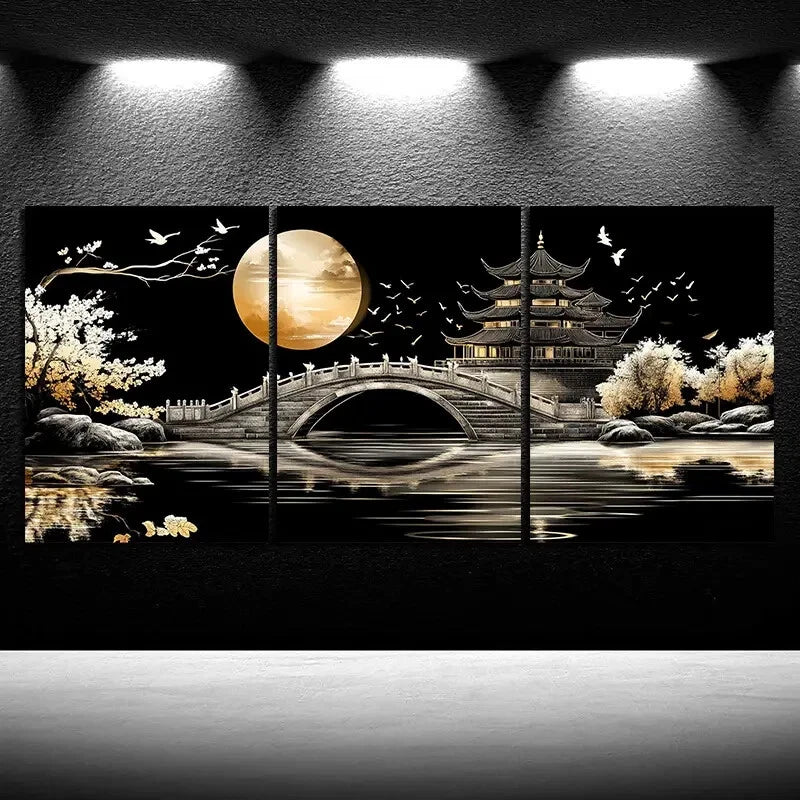 3pcs Arch Bridge Moon Pagoda & Cranes Metal Print Ready to Hang Art