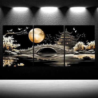 3pcs Arch Bridge Moon Pagoda & Cranes Metal Print Ready to Hang Art