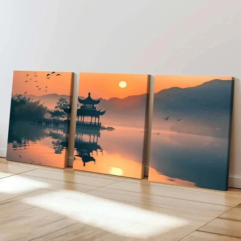 3pcs Traditional Chinese Landscape Decor Wall Art Set Canvas Framed 40x60cm - High Quality Print 100% Australian Made Wall Canvas Ready to Hang