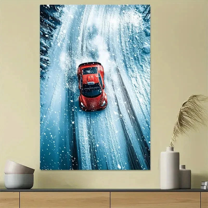 Snowy Racing Car Winter Sports Poster 40x60cm Metal Print Ready to Hang
