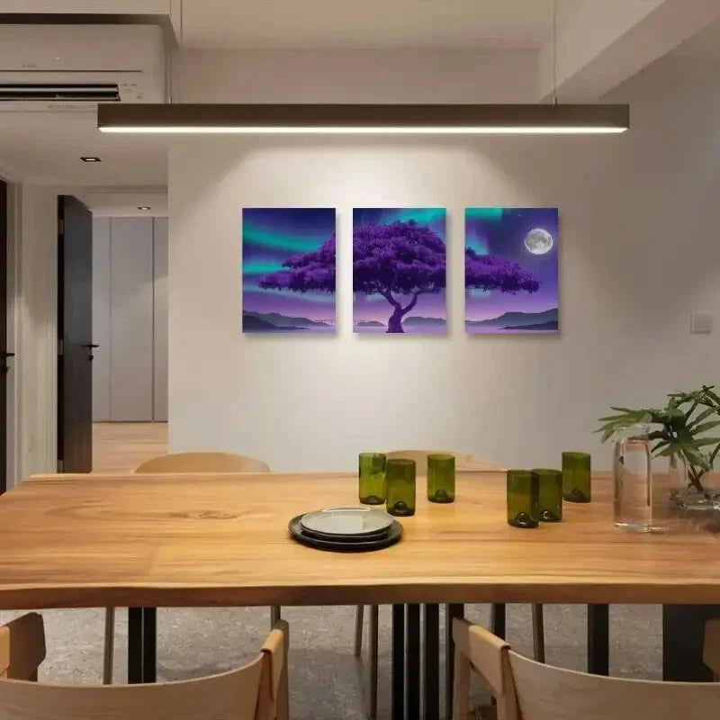 3pcs Purple Tree & Aurora Borealis Metal Print Ready to Hang Art