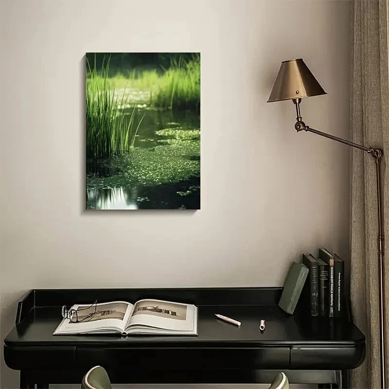 Green Aquatic Grassland Water Lily Painting 40x60cm Metal Print Ready to Hang