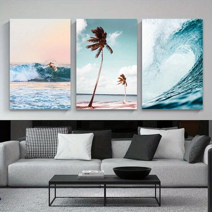 3pcs Coconut Trees Beach Waves Metal Print Ready to Hang Art
