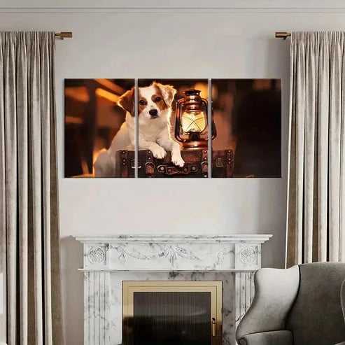 3pcs Puppy Lying On Suitcase & Kerosene Lamp Wall Art Canvas Unframed – High Quality Print 100% Australian Made Wall Canvas