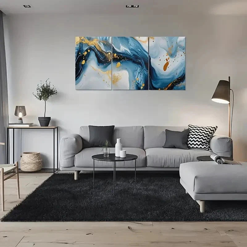 3pcs Blue White & Golden Marble Effect Metal Print Ready to Hang Art