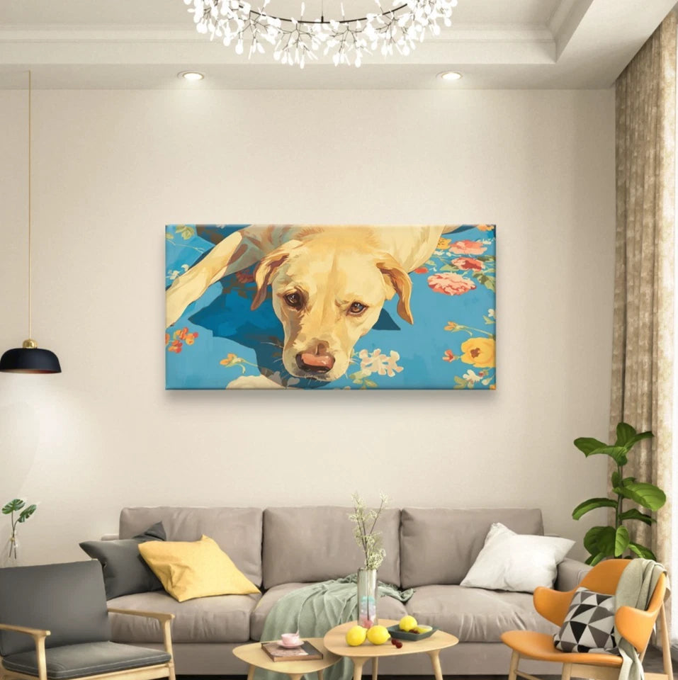 Cute Yellow Labrador Dog on Blue Mat Wall Art Canvas Office Home Framed 120x60cm