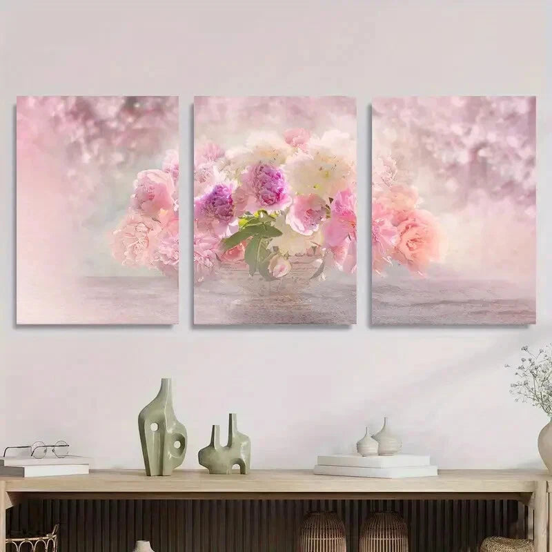 3pcs Floral Bouquet Art, Romantic Peony Flowers Metal Print Ready to Hang Art