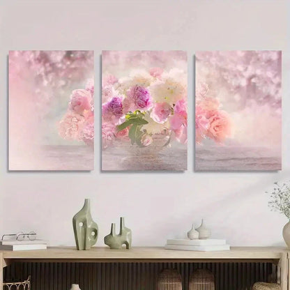 3pcs Floral Bouquet Art, Romantic Peony Flowers Metal Print Ready to Hang Art