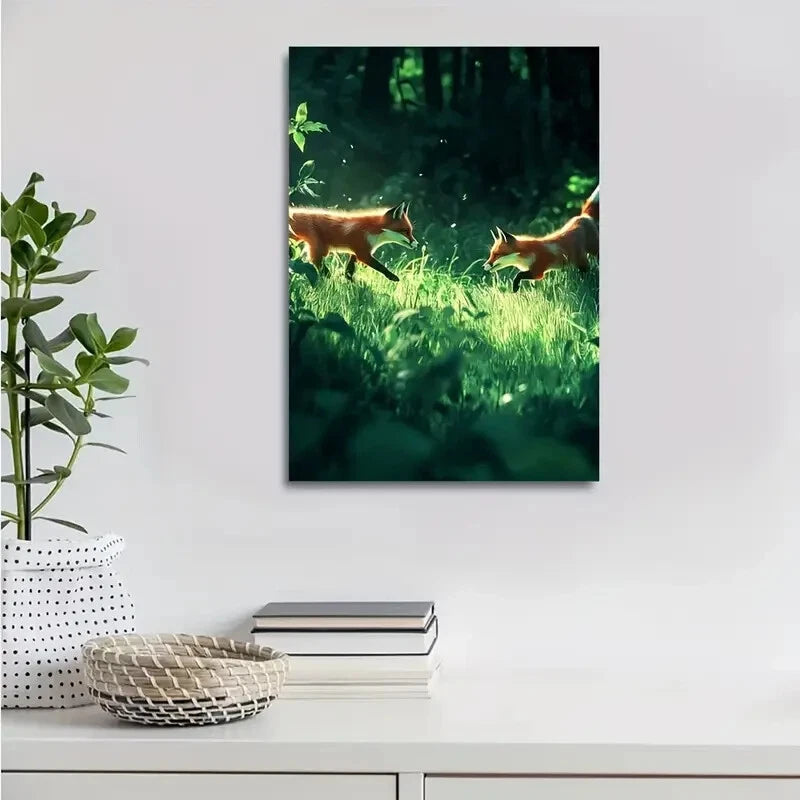 Realistic Foxes in Lush Green Meadow Scene 40x60cm Metal Print Ready to Hang