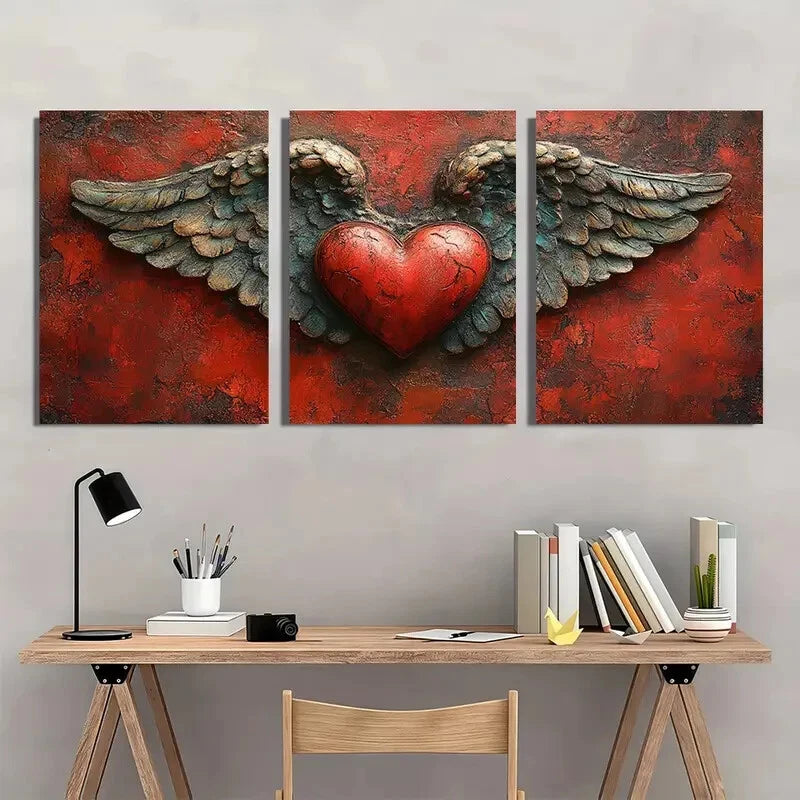 3pcs Love Angel Vibrant Red Wings Metal Print Ready to Hang Art