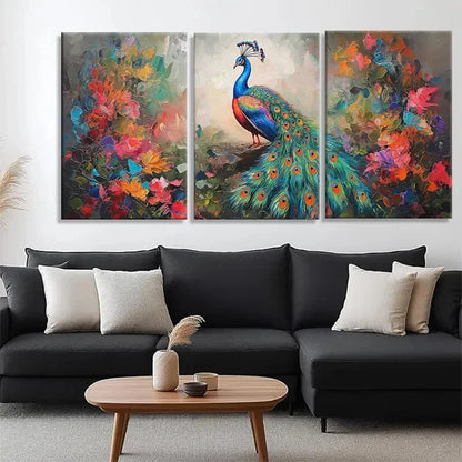 3pcs Colorful Peacock and Floral Vibrant Metal Print Ready to Hang Art